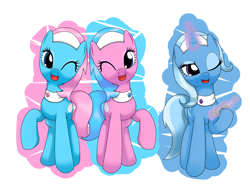 Size: 1440x1080 | Tagged: safe, artist:hoyeechun, character:aloe, character:lotus blossom, character:trixie, blushing, smiling, spa twins, wink