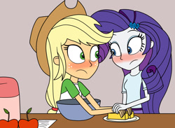 Size: 1975x1447 | Tagged: safe, artist:eagc7, character:applejack, character:rarity, species:human, ship:rarijack, my little pony:equestria girls, apple, blushing, blushing profusely, bowl, butter, clothing, cute, duo, duo female, female, food, holding hands, jackabetes, lesbian, looking at each other, nickelodeon, paper, parody, plate, racing hearts, raribetes, shipping, the loud house