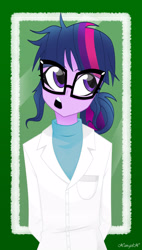 Size: 1644x2900 | Tagged: safe, artist:xan-gelx, character:twilight sparkle, character:twilight sparkle (scitwi), species:eqg human, my little pony:equestria girls, clothing, cute, female, glasses, hands behind back, lab coat, open mouth, solo, twiabetes