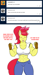 Size: 1280x2232 | Tagged: safe, artist:matchstickman, character:apple bloom, species:anthro, species:earth pony, species:pony, abs, apple bloom's bow, apple brawn, biceps, bow, breasts, busty apple bloom, clothing, deltoids, dialogue, eyes closed, female, fingerless gloves, gloves, hair bow, jeans, mare, matchstickman's apple brawn series, midriff, muscles, older, older apple bloom, pants, shirt, simple background, solo, talking to viewer, thunder thighs, tumblr comic, tumblr:where the apple blossoms, white background