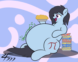 Size: 1280x1017 | Tagged: safe, artist:zeldafan777, oc, oc:pepper dust, species:pony, adorafatty, belly, big belly, bloated, cute, fat, female, food, happy, huge belly, impossibly large belly, large belly, mare, obese, overeating, pie, plate, stomach noise, stuffed, stuffed belly, that pony sure does love pies, weight gain