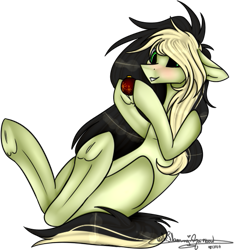 Size: 473x506 | Tagged: safe, artist:ohflaming-rainbow, artist:space--paws0w0, oc, oc only, oc:da capo, oc:model, species:earth pony, species:pony, blushing, bobble, christmas decoration, female, frog (hoof), hoof hold, mare, raised hoof, signature, simple background, solo, transparent background, underhoof