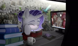 Size: 2500x1484 | Tagged: safe, artist:radioaxi, character:roseluck, oc, oc:moonsonat, species:dog, species:pony, species:unicorn, book, clothing, computer, computer mouse, cup, diamond sword, eyes closed, female, half-life, mare, minecraft, photo, poster, room, shirt, solo, stalker, sword, weapon