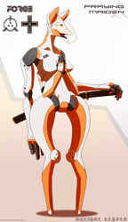 Size: 1280x2220 | Tagged: safe, artist:mopyr, oc, species:anthro, black tongue, breasts, cyborg, design, featureless breasts, female, four arms, katana, logo, praying, science fiction, solo, sword, thigh gap, tongue out, weapon