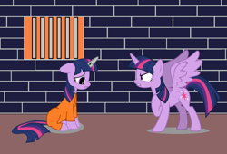 Size: 1098x748 | Tagged: safe, artist:decprincess, artist:stephen-fisher, character:twilight sparkle, character:twilight sparkle (alicorn), character:twilight sparkle (unicorn), species:alicorn, species:pony, species:unicorn, angry, clothing, duality, horn cap, jail, magic suppression, ponidox, prison, prison outfit, prisoner ts, sad, self ponidox, vector