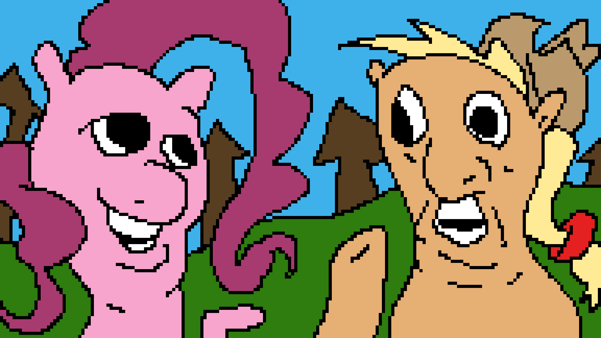 Size: 1920x1080 | Tagged: safe, artist:applebeans, character:applejack, character:pinkie pie, species:earth pony, species:pony, 1000 hours in ms paint, 1000 years in photoshop, animated, derp, downvote bait, eye contact, female, gif, grin, headbob, kill it with fire, looking at each other, mare, needs more jpeg, open mouth, raised hoof, shrug, smiling, wat, wide eyes