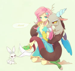 Size: 1280x1209 | Tagged: safe, artist:kkmrarar, character:angel bunny, character:discord, character:fluttershy, species:dragon, species:rabbit, ship:discoshy, g4, my little pony: equestria girls, my little pony:equestria girls, angel is not amused, barefoot, clothing, feet, female, fluttershy is not amused, food, male, salad, shipping, simple background, skirt, straight, unamused
