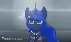 Size: 1772x1063 | Tagged: safe, artist:php97, character:princess luna, species:alicorn, species:pony, android, bust, clothing, connor, detroit: become human, eye clipping through hair, eyebrows, eyebrows visible through hair, female, folded wings, looking at you, mare, necktie, rk800, robot, robot pony, solo, wings