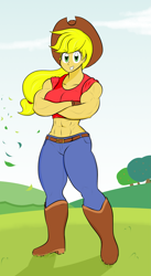 Size: 1333x2430 | Tagged: safe, artist:matchstickman, character:applejack, species:human, abs, applejacked, humanized, muscles