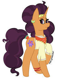 Size: 1403x1916 | Tagged: safe, artist:midnightamber, character:saffron masala, species:pony, species:unicorn, aside glance, bandana, bracelet, clothing, curly mane, curly tail, cute, ear piercing, earring, female, headband, jewelry, looking at you, looking sideways, mare, multicolored hair, one leg raised, piercing, raised hoof, saffronbetes, shirt, signature, simple background, smiling, solo, white background
