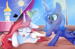 Size: 2362x1535 | Tagged: safe, artist:php97, character:princess celestia, character:princess luna, species:alicorn, species:pony, bed, blep, canterlot castle, defenestration, duo, female, joke, magic, mare, megaphone, onomatopoeia, pillow, pink-mane celestia, prank, royal sisters, s1 luna, siblings, silly, sisters, sleeping, sound effects, telekinesis, this ended in pain, this will end in deafness, this will end in tears and/or a journey to the moon, tongue out, trolluna, zzz