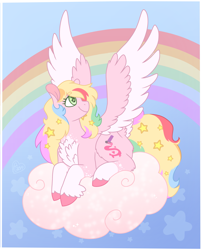 Size: 2885x3570 | Tagged: safe, artist:sandwichbuns, oc, oc:day dreamer, species:pegasus, species:pony, cloud, female, mare, prone, rainbow, solo, two toned wings