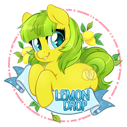 Size: 2500x2500 | Tagged: safe, artist:onnanoko, oc, oc only, oc:lemon drop, species:earth pony, species:pony, banner, cute, female, food, fruit, get, grin, index get, leaning, lemon, looking at you, mare, ocbetes, simple background, smiling, solo, sparkles, transparent background