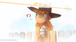 Size: 3840x2162 | Tagged: safe, artist:icychamber, character:applejack, species:pony, applejack's hat, bandage, clothing, cowboy hat, female, fence, gunshot, hat, implied granny smith, mare, question mark, simple background, solo, white background