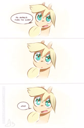 Size: 1860x2815 | Tagged: safe, artist:icychamber, character:applejack, species:earth pony, species:pony, 3 panel comic, :o, bust, cute, dialogue, female, hnnng, jackabetes, laughing, lidded eyes, looking at you, mare, open mouth, simple background, smiling, solo, speech bubble, talking to viewer, white background