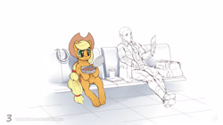 Size: 3840x2162 | Tagged: safe, artist:icychamber, character:applejack, species:earth pony, species:human, species:pony, airport, applejack's hat, bag, baked beans, beans, briefcase, clothing, cowboy hat, cute, duo, female, food, frown, hat, hoof fluff, hoof hold, jackabetes, leaning, looking at something, looking sideways, male, man, mare, necktie, partial color, simple background, sitting, sketch, smiling, suit, white background