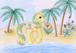 Size: 1280x903 | Tagged: safe, artist:normaleeinsane, g1, beach, cloud, female, flower, ocean, palm tree, solo, tootie tails, traditional art, tree, tropical ponies, water