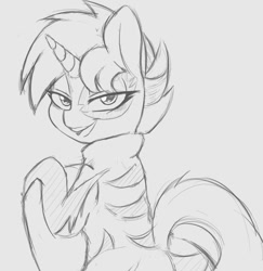 Size: 922x947 | Tagged: safe, artist:tre, character:sweetie belle, species:pony, species:unicorn, clothing, female, grayscale, lidded eyes, looking at you, monochrome, open mouth, show stopper outfits, simple background, smiling, solo, stripes