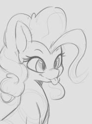 Size: 374x499 | Tagged: safe, artist:tre, character:pinkie pie, species:earth pony, species:pony, blep, bust, cross-eyed, cute, diapinkes, female, grayscale, mare, monochrome, silly, simple background, smiling, solo, tongue out