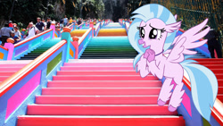 Size: 1920x1080 | Tagged: safe, artist:sonofaskywalker, edit, character:silverstream, species:pony, batu caves, colorful, cute, diastreamies, irl, malaysia, photo, photo edit, ponies in real life, stairs, temple, that hippogriff sure does love stairs