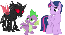 Size: 1544x849 | Tagged: safe, artist:kayman13, character:barb, character:spike, character:thorax, character:twilight sparkle, character:twilight sparkle (alicorn), oc:dusk shine, species:alicorn, species:changeling, species:dragon, species:pony, episode:the times they are a changeling, g4, my little pony: friendship is magic, dragoness, female, male, mesosoma, red eyes, rule 63, stallion, trio