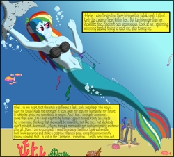 Size: 2000x1805 | Tagged: safe, artist:physicrodrigo, part of a set, character:rainbow dash, character:rarity, series:equestria mermaids, g4, my little pony: equestria girls, my little pony:equestria girls, anchor, angler fish, armpits, belly button, black eye, breasts, bubble, busty rainbow dash, clothing, coral, dialogue box, earfins, escape, evil grin, fish, gloating, grin, implied fight, mermaid, mermaidized, narwhal, ocean, offscreen character, papyrus (font), part of a series, rainbow douche, seashell bra, smiling, solo focus, species swap, story included, text box, this will not end well, thoughts, torn clothes, underwater, villainous delights