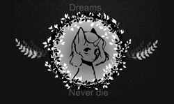 Size: 2500x1493 | Tagged: safe, artist:radioaxi, oc, oc:moonsonat, species:pony, black and white, black background, foliage, grayscale, leaves, monochrome, simple background, solo, text, wallpaper