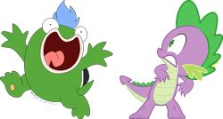 Size: 653x350 | Tagged: safe, artist:kayman13, character:spike, fishy boopkins, frightened, happy, meeting, namesake, simple background, smg4, super mario bros., transparent background