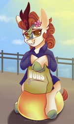 Size: 1063x1772 | Tagged: safe, artist:php97, character:autumn blaze, species:kirin, backpack, bipedal, clothing, cloven hooves, female, flower, flower in hair, looking at you, smiling, solo