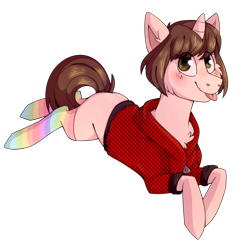 Size: 1000x1000 | Tagged: safe, artist:cinnamonsparx, oc, oc only, oc:nicole, species:pony, species:unicorn, clothing, female, mare, prone, rainbow socks, shirt, simple background, socks, solo, striped socks, tongue out, transparent background