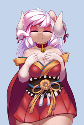 Size: 2480x3700 | Tagged: safe, alternate version, artist:iloota, oc, oc only, oc:champagne supernova, species:anthro, ^^, bell, bell collar, big breasts, breasts, cleavage, clothed version, collar, eyes closed, female, freckles, hair beads, horns, long mane, long tail, original species, smiling, solo, squint