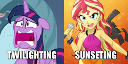 Size: 800x400 | Tagged: safe, artist:ta-na, edit, edited screencap, screencap, character:sunset shimmer, character:twilight sparkle, character:twilight sparkle (alicorn), species:alicorn, species:pony, episode:the beginning of the end, equestria girls:rainbow rocks, g4, my little pony: equestria girls, my little pony: friendship is magic, my little pony:equestria girls, beautiful, book, clothing, cute, faec, female, floppy ears, friendship journal, jacket, leather jacket, male, mare, microphone, panicking, scene interpretation, singing, skirt, sleeveless, twilighting, welcome to the show