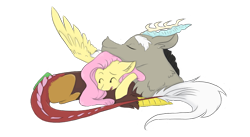 Size: 831x455 | Tagged: safe, artist:phineaddict, artist:yuyusunshine, character:discord, character:fluttershy, species:draconequus, species:pony, ship:discoshy, chest fluff, colored, colored sketch, cute, discute, ear fluff, eyes closed, female, male, open mouth, profile, prone, shipping, shyabetes, simple background, sleeping, snuggling, straight, transparent background