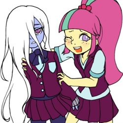 Size: 424x424 | Tagged: safe, artist:doktor-d, character:sour sweet, character:sugarcoat, my little pony:equestria girls, alternate hairstyle, clothing, cropped, crystal prep academy uniform, duo, female, freckles, hair over one eye, looking at you, loose hair, one eye closed, school uniform, shrunken pupils, simple background, unamused, white background