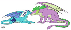 Size: 1280x536 | Tagged: safe, artist:colourstrike, character:princess ember, character:spike, species:dragon, ship:emberspike, dragoness, duo, female, male, nuzzling, older, older spike, shipping, simple background, straight, white background