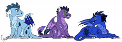 Size: 1280x448 | Tagged: safe, artist:colourstrike, oc, oc only, oc:gail, oc:glaze(dragon), oc:torch, parent:princess ember, parent:spike, parents:emberspike, species:dragon, baby, baby dragon, female, male, offspring, siblings, simple background, trio, white background