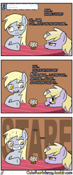 Size: 1280x3056 | Tagged: safe, artist:outofworkderpy, character:derpy hooves, character:dinky hooves, species:pegasus, species:pony, species:unicorn, comic:out of work derpy, comic, duo, duo female, female, filly, food, mare, mother and daughter, muffin, outofworkderpy, semi-grimdark series, suggestive series, sweat, table, tumblr, tumblr comic, worried