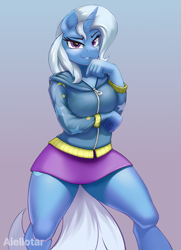 Size: 580x800 | Tagged: safe, artist:iloota, character:trixie, species:anthro, species:pony, species:unguligrade anthro, species:unicorn, arm under breasts, breasts, clothing, cute, equestria girls outfit, female, gradient background, hoodie, looking at you, mare, miniskirt, sexy, simple background, skirt, smiling, smiling at you, smirk, solo, thighs, wide hips