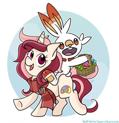 Size: 1280x1315 | Tagged: safe, artist:redpalette, oc, oc:red palette, species:pony, species:rabbit, species:unicorn, crossover, cute, easter, holiday, pokemon sword and shield, pokémon, scorbunny, smiling