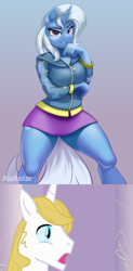 Size: 580x1176 | Tagged: safe, artist:iloota, edit, character:prince blueblood, character:trixie, species:anthro, species:pony, species:unguligrade anthro, species:unicorn, ship:bluetrix, my little pony:equestria girls, breasts, clothing, cute, equestria girls outfit, female, gradient background, hoodie, male, mare, miniskirt, shipping, skirt, solo, straight, thighs