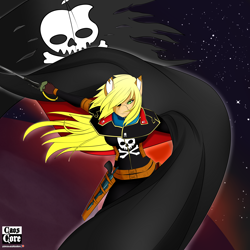Size: 4000x4000 | Tagged: safe, artist:caoscore, character:applejack, species:anthro, anime, breasts, busty applejack, cape, captain harlock, clothing, crossover, eyepatch, flag, gun, handgun, jolly roger, pirate, pistol, ponified, scar, skull and crossbones, space, space pirate, stars, sword, weapon