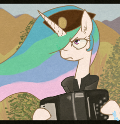 Size: 800x831 | Tagged: dead source, safe, artist:meekcheep, character:princess celestia, accordion, clothing, dat face soldier, female, frown, hat, musical instrument, remove kebab, serbia, serbia strong, solo