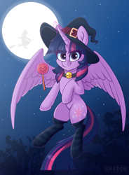 Size: 1654x2244 | Tagged: safe, artist:php97, character:twilight sparkle, character:twilight sparkle (alicorn), species:alicorn, species:pony, beanbrows, bell, bell collar, broom, chest fluff, clothing, collar, eye clipping through hair, eyebrows, eyebrows visible through hair, female, flying, flying broomstick, halloween, hat, holiday, moon, socks, solo, striped socks, witch, witch hat