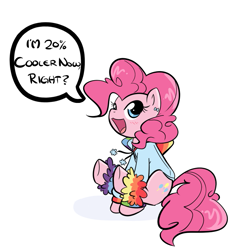 Size: 815x855 | Tagged: safe, artist:bamboodog, character:pinkie pie, character:rainbow dash, 20% cooler, blushing, bow, clothing, cute, dialogue, hoodie, jacket, leg warmers, looking at you, open mouth, rainbow