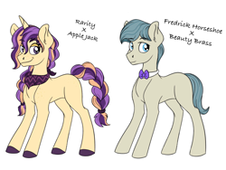 Size: 2048x1536 | Tagged: safe, artist:pastel-charms, oc, oc only, parent:applejack, parent:beauty brass, parent:frederic horseshoepin, parent:rarity, parents:rarijack, species:earth pony, species:pony, species:unicorn, bow tie, braided tail, duo, female, magical lesbian spawn, male, mare, offspring, simple background, stallion, white background