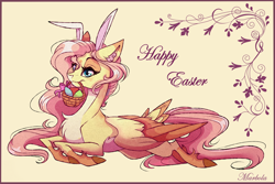 Size: 3010x2012 | Tagged: safe, artist:marbola, character:fluttershy, species:pegasus, species:pony, basket, bunny ears, chest fluff, cute, ear fluff, easter basket, easter egg, female, mare, pale belly, shyabetes, solo, tail feathers, unshorn fetlocks