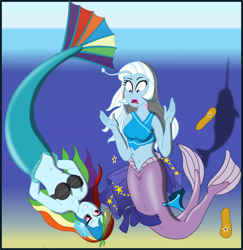 Size: 3000x3085 | Tagged: safe, artist:physicrodrigo, character:rainbow dash, character:trixie, series:equestria mermaids, my little pony:equestria girls, angler fish, arm behind back, belly button, bikini, bikini bottom, black eye, clothing, disappearing clothes, duo, duo female, earfins, evil grin, female, flip-flops, gills, grin, high res, mermaid, mermaidized, midriff, narwhal, ocean, open mouth, rainbow douche, raised hand, ripping clothes, sarong, seashell bra, shocked expression, smiling, species swap, story included, surprised, swimsuit, transformation, underwater, upside down
