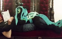 Size: 1650x1040 | Tagged: safe, artist:agatrix, character:queen chrysalis, species:alicorn, species:human, species:pony, book, cuddling, female, irl, irl human, life size, lying down, male, photo, plushie, reading, throne