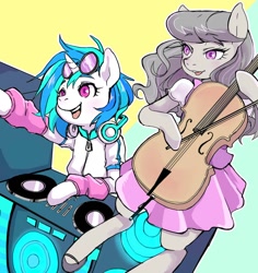 Size: 1000x1060 | Tagged: safe, artist:hobilo, character:dj pon-3, character:octavia melody, character:vinyl scratch, species:earth pony, species:pony, species:unicorn, cello, clothing, cute, duo, female, glasses, headphones, jacket, mary janes, musical instrument, semi-anthro, shoes, skirt, sunglasses, vinylbetes
