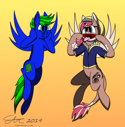 Size: 1920x1952 | Tagged: safe, artist:derpanater, oc, oc only, oc:circuit breaker, oc:strawberry breeze, species:pegasus, species:pony, clothing, commission, digital art, flying, silly, silly face, simple background